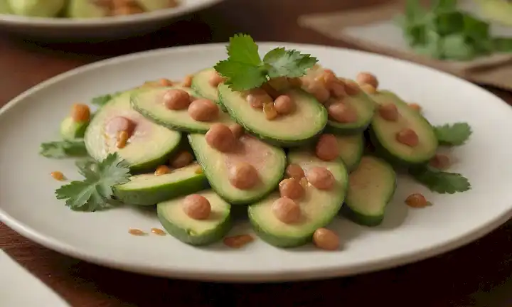 Disposición 3D en un plato, rebanadas de aguacate, langostinos suculentos, frijoles tostados, ramitas cilantro, bordes dorados marrones, elegante adorno, ambiente nocturno