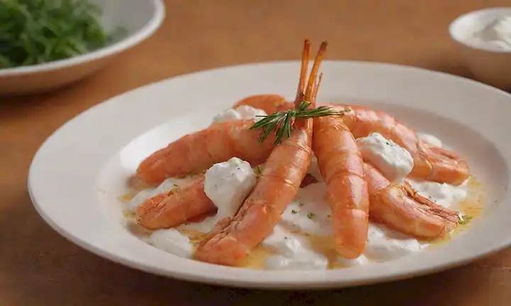 Langoustines dorados en una cama de boniatos asados, adornados con hierbas frescas y un dollop de cremoso Yogur griego, enmarcado en un fondo tono cálido y terrenal, con iluminación sutil para resaltar las texturas de los platos y los colores