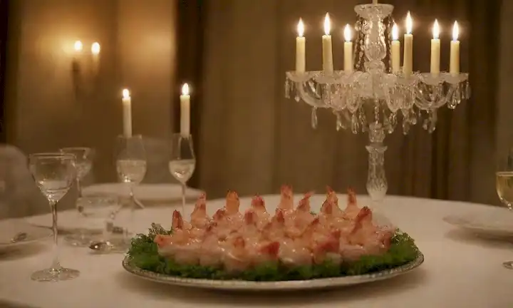 Una mesa de comedor caliente y dorada con una pieza central de flores frescas, una araña de cristal fundiendo sombras suaves, canapés langostino dispuesta en una bandeja decorativa, rodeada de boniato rebanado y adornada con hierbas frescas, unas copas de champán cercanas