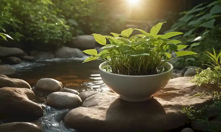 ilustración 3D de una planta de ginseng con hojas y raíces, un tazón de té caliente o sopa en el fondo, una suave corriente que fluye cerca, sol que brilla, plantas que crecen alrededor, ninguna gente presente, colores naturales