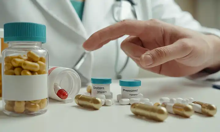 ilustraciones 3D de un cuerpo humano, raíces de ginseng y píldoras, iconos médicos, un médico sostiene una botella de prescripción, una pastilla con varios medicamentos, un fondo borroso que insinúa a un farmacéutico o espacio de trabajo profesional sanitario, colores suaves