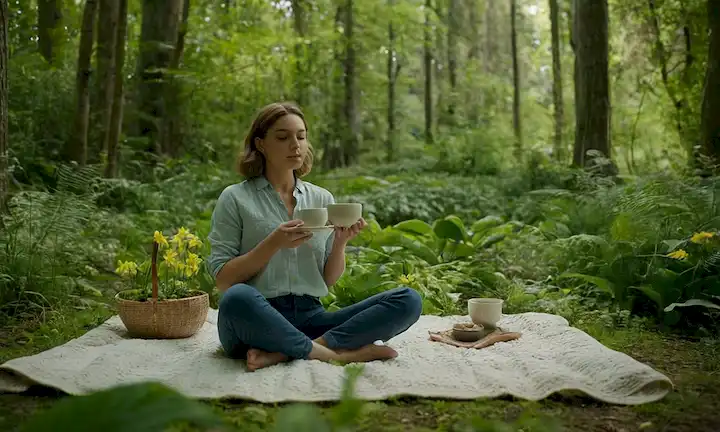 Un bosque sereno y verde con unos pocos árboles torrentes, la luz solar filtrando a través de las hojas, una persona sentada en una manta natural rodeada de plantas y flores exuberantes, con una taza o un tazón a mano, transportando tranquilidad y conexión a la naturaleza