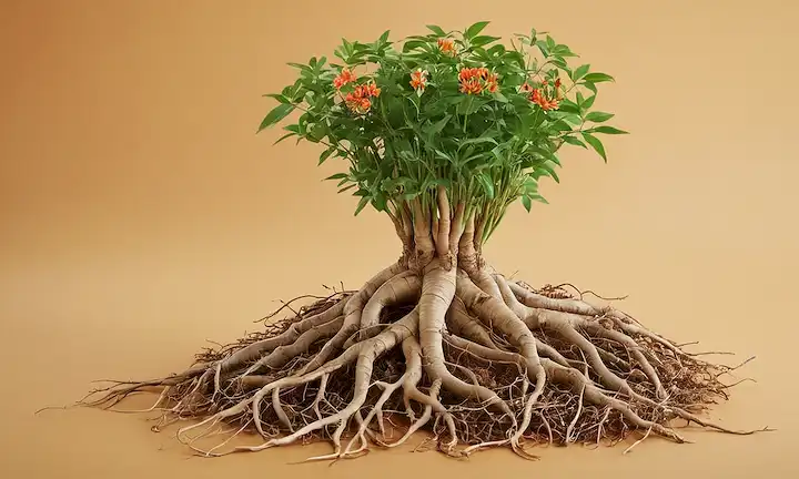 raíces de ginseng 3D con tallos verdes, rodeadas de hojas y flores, enmarcadas en un beige cálido o fondo terrenal, con colores sutiles y mudos con toques de amarillo, naranja y marrón
