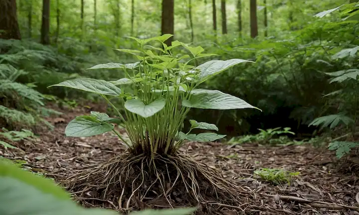 Un paisaje suave y sereno con una planta de ginseng madura en el marco central, rodeado de vegetación exuberante y suave luz, que transmite un sentido de naturalidad, armonía y equilibrio; posiblemente con detalles sutiles e intrincados como patrones de hoja o texturas delicadas, para transmitir complejidad y matices