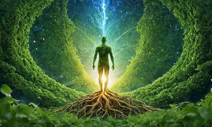 Un fondo verde vibrante con un patrón sutil de hojas, una figura humana en el centro con un aura radiante, rodeado de pequeñas ilustraciones de raíces ginseng y células inmunes, incorporando suaves hues de amarillo y azul para transmitir salud y serenidad, tal vez con elementos abstractos que representan el flujo energético