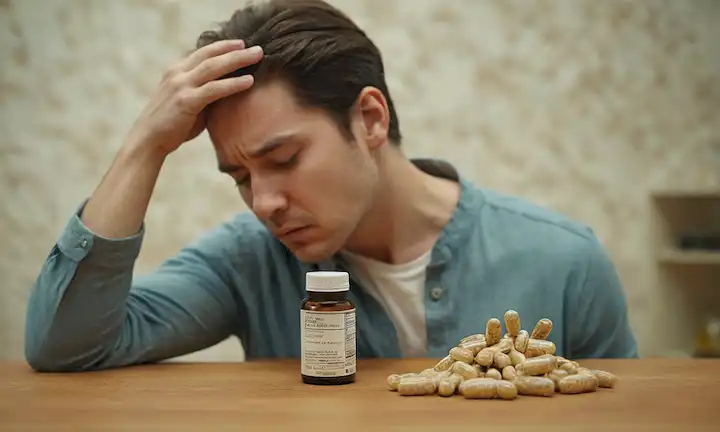 Una persona con una expresión preocupada, sosteniendo su cabeza en dolor, junto a una botella borrosa de suplementos de ginseng, con algunas píldoras derramando, en medio de un ruido de fondo sutil de formas giratorias y colores mudos