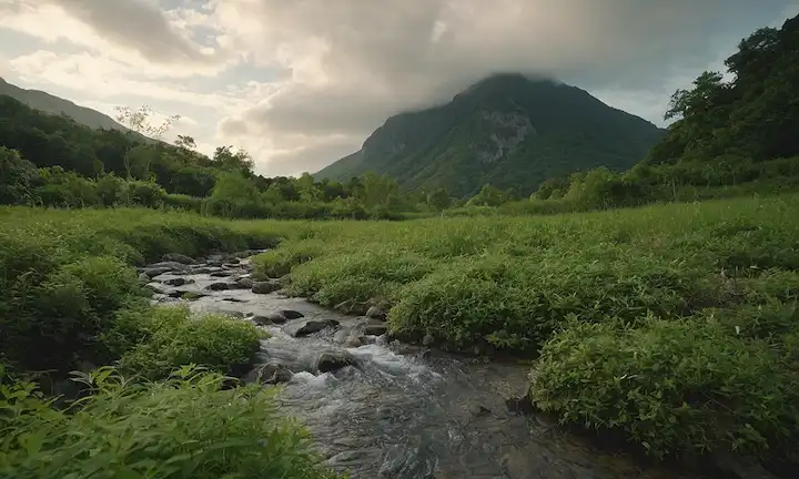 Un paisaje sereno con una suave corriente corriendo a través de ella, con unas pocas nubes brillantes, y una sutil cordillera de montaña en el fondo, con un ramo de ginseng y sus raíces creciendo orgánicamente fuera del suelo, rodeado de exuberante vegetación