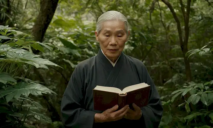 Una persona mayor con una cara tranquila, sosteniendo un libro, rodeado de hojas, con un fondo sutil de inspiración asiática, con algunas plantas de ginseng, y un toque de un ambiente relajado o contemplativo