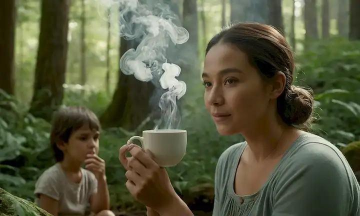 3D ilustración de las raíces de ginseng en un entorno forestal, una mujer con una expresión reflexiva sosteniendo una taza con aumento de vapor, un grupo de niños jugando a distancia segura de ella, una mujer embarazada con una suave sonrisa rodeada de un sutil aura