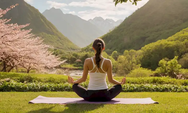 Una fotografía de tono cálido con un paisaje tranquilo y sereno con montañas, cascadas, o un prado tranquilo en el fondo, una persona en el primer plano dedicada a la actividad física suave, como yoga o meditación, rodeada de exuberante vegetación o flores, con sutiles toques de motivos inspirados en Asia como flores de cerezo o linternas