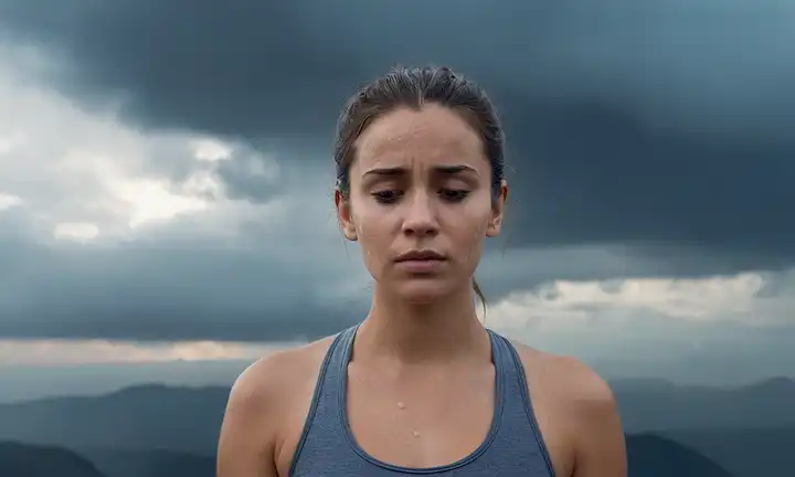 ilustración 3D de una mujer joven, expresión facial cansada, postura slouched, rodeada de nubes oscuras o niebla, con gotas de sudor sutil en su frente y hombros, suavemente brillante alfombra de yoga en el fondo, paleta de color minimalista con tonos de azul y gris