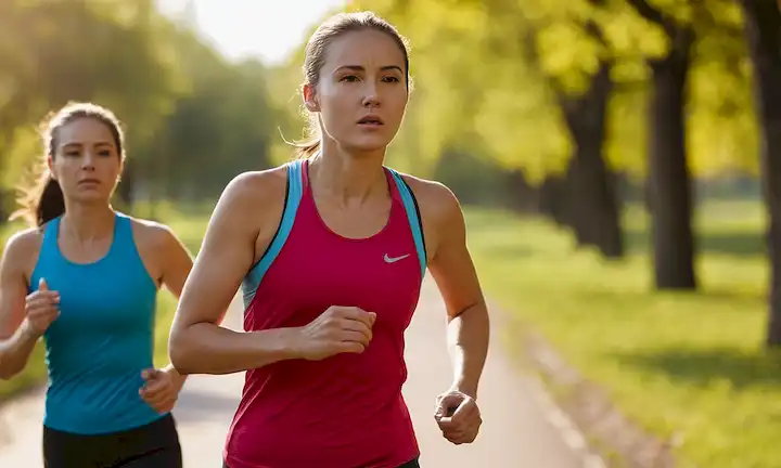 una persona que se dedica a deportes al aire libre, como correr o ciclismo, con mejillas y frente desbordados, sudor goteando hacia la cara, brazos y piernas en movimiento, paisaje de fondo borroso para centrarse en temas de esfuerzo físico, sombras de sol caliente en la cara