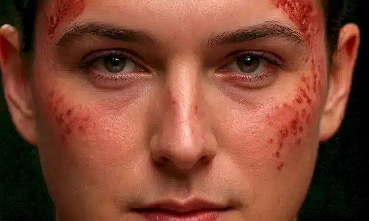 Cierre de la cara humana, rojo brillante ruborizado, con vasos sanguíneos prominentes visibles debajo de la piel, ojos inclinados en incomodidad, frente se crea con esfuerzo, boca ligeramente agape, venas que abultan hacia fuera, tejido blando circundante con aspecto inflado y hinchado, tono de piel gradualmente oscureciendo de centro a bordes