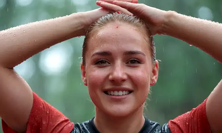 Una persona con una cara roja brillante, gotas de sudor en la frente, brazos levantados en el agotamiento, fondo borroso, y una sonrisa sutil