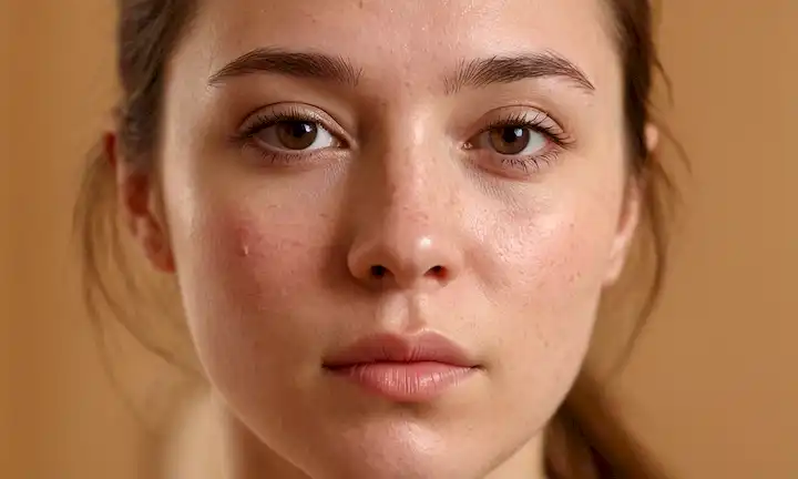 Una persona cara, primer plano, ejercicio, con enrojecimiento e inflamación, acné sutil, rubor suave, expresión facial mostrando esfuerzo, fondo relajado, iluminación cálida, enfoque suave, colores vibrantes, textura de la piel humana, no accesorios, pose activa, movimiento dinámico