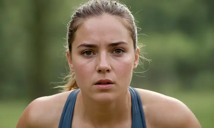 Una persona adecuada sudando pesadamente con mejillas rosadas, usando ropa deportiva y una expresión determinada, rodeada de elementos de fondo borrosos como árboles o hierba; una capa sutil en su piel que transmite la transpiración, con toques de venas visibles bajo la superficie