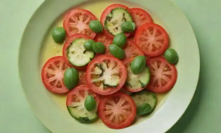 Un plato colorido con calabacín rebanados, tomates y un goteo de aceite de oliva, adornado con hojas de albahaca frescas y ramitas de perejil, con un fondo verde brillante, con un brillo cálido sutil