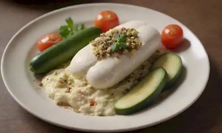 Queso fresco ricotta, quenelles dorados en un plato, rodeado de calabacín rodazado (zucchini), tomates maduros, esparcidores de perejil fresco, y pistachos crujientes, con un espolvor de pimienta negra, contra un fondo cálido y terrenal