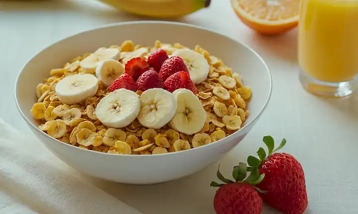 Un tazón con una cuchara colocada en el lado, que contiene un vibrante cereal de copo de maíz amarillo, rodeado de plátanos rebanados y fresas, en un mantel blanco con una cálida luz de desayuno, junto a un pequeño vaso de jugo de naranja fría