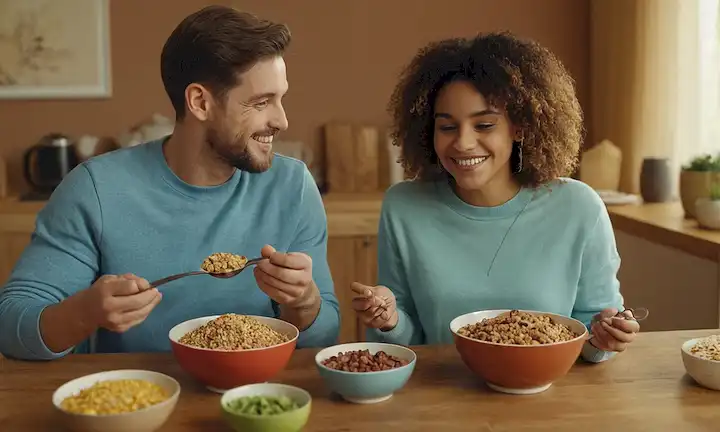 2 personas sentadas en una mesa, rodeadas de cereales de desayuno, con ropa casual, sonriendo, sosteniendo cucharas y tazones, con un fondo cálido y acogedor