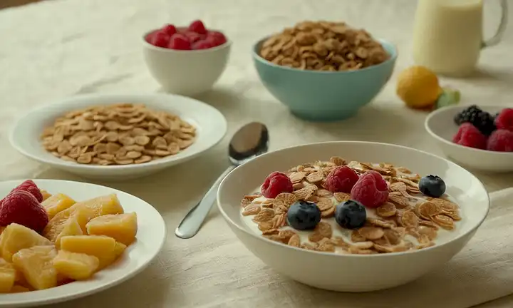 3-5 tazones de cereal con diferentes colores y formas, rodajas de fruta dispersa, un vaso de leche que se derrama en el fondo, una cuchara junto a un tazón, fuente de luz cálida, mantel ligeramente desordenado
