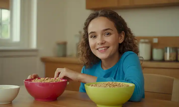 2-3 tazones de cereal con leche en una mesa de madera