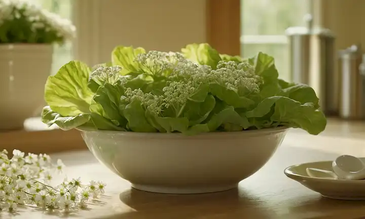 Cabeza crujiente de lechuga en un tazón poco profundo, rodeado de delicadas flores blancas, un fondo suave de utensilios de cocina, la cálida luz del sol arrojando un suave resplandor