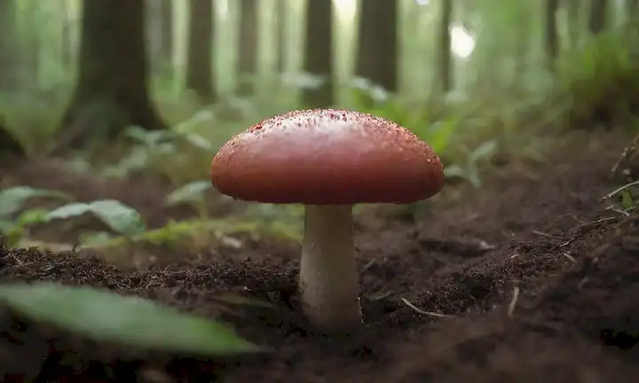 un disparo de cerca de un champiñones rojo vibrante con ginebras intrincadas, creciendo fuera de un suelo forestal, rodeado de vegetación exuberante, y con una cálida luz dorada que brilla hacia abajo, transportando elementos naturales y sanos, tales como la tierra, frescura y vitalidad