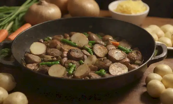 Mushrooms siendo embutidos en una sartén con ajo y cebolla, marrón dorado, rodeado de patatas cortadas, zanahorias y guisantes, en una mesa de madera, iluminación cálida, ambiente rústico, colores terrenales, un plato de servir o plato en el fondo, ingredientes dispersos alrededor, invitando presentación