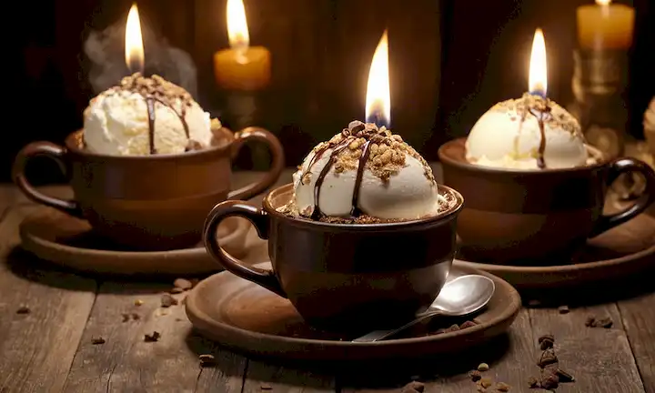 3-4 tazas de chocolate marrón ricas con aumento de vapor, topping crumbly dorado, texturas cremosas y frotosas, gotas de helado de fusión, brillo de vela caliente, golosinas dulces en una mesa de madera rústica o placa decorativa