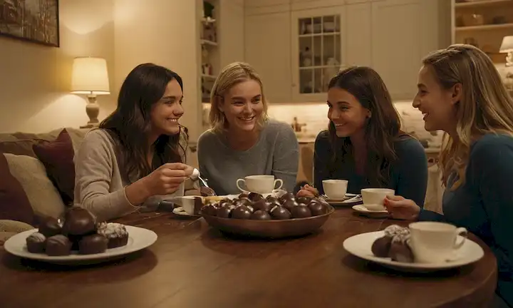 3-4 personas, sonriendo, reunidas alrededor de una mesa con un resplandor cálido, rodeado de artículos con temática de chocolate, tales como tazas, cucharas y trufas, en un acogedor salón o cocina, con iluminación suave, colores naturales y texturas