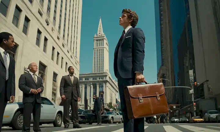 Paisaje al estilo de la década de 1970 con un joven de pie en una esquina de la calle, mirando hacia un edificio de distrito financiero, llevando un traje y sosteniendo un maletín, con una expresión determinada, rodeado de tráfico bullicioso y peatones