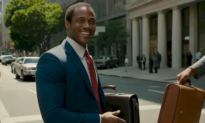 1970s Calles de San Francisco, traje de empresario usado con orgullo, hombre afroamericano sonriendo con confianza, de pie en esquina calle fuera de un edificio de distrito financiero, maletín en mano, esperanza y determinación grabado en su cara