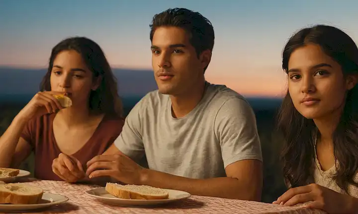 3 personas en diferentes momentos de la noche, una con una rodaja de pan, otra con un plato, y último con un estómago vacío; enfoque suave con colores cálidos para transmitir la coziness; sombras sutiles alrededor de las caras; un fondo ligeramente iluminado con un toque de cielo nocturno; un plato o mantel con migas dispersas