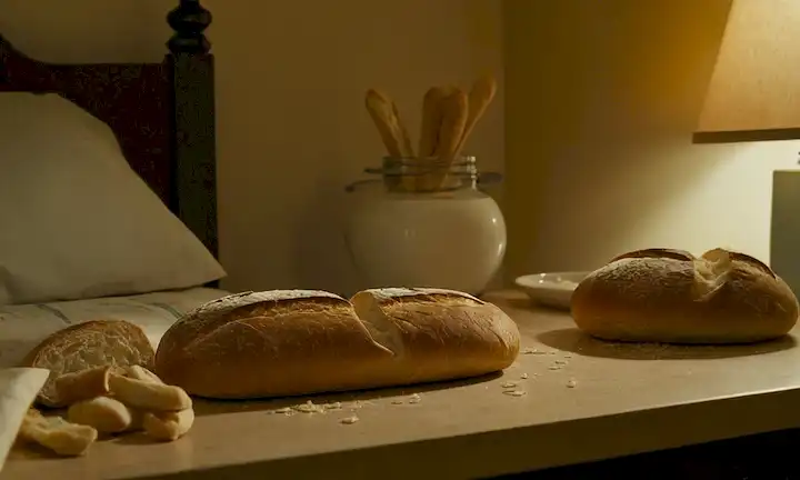 Una persona que duerme con una baguette en su mesita, rodeada de migajas y panes esparcidos, con una luz débil en el fondo para sugerir ambiente nocturno o nocturno, y una sombra sutil o silueta de un mostrador de cocina o mesa