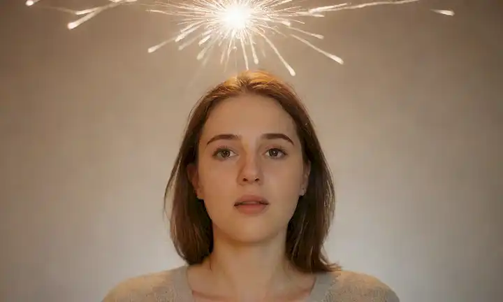 Una persona de pie frente a una luz brillante, con chispas volando alrededor de su cabeza, rodeada de colores sutiles, con hojas o flores floreciendo en el fondo, transmitiendo crecimiento, creatividad y positividad