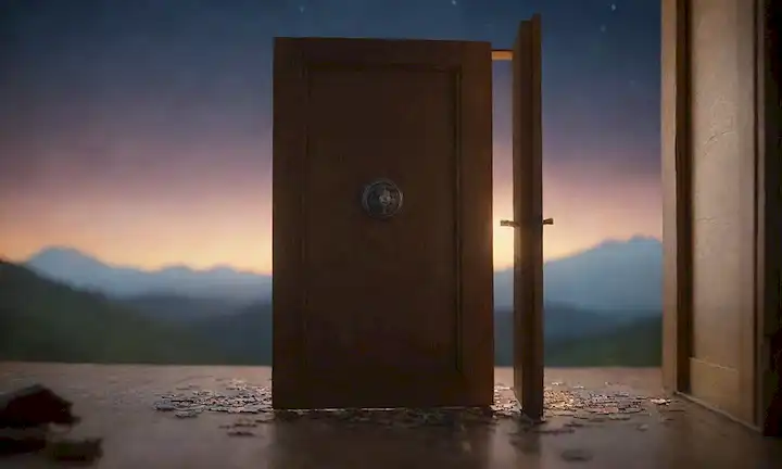 Una persona curiosa rodeada de piezas de rompecabezas, con una luz brillante en el fondo, sosteniendo una brújula y de pie frente a una puerta abierta con un brillo sutil alrededor de ella, en medio de un paisaje soñado con nubes, montañas y estrellas