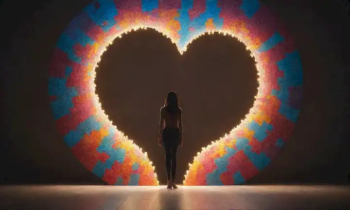 Una persona de pie frente a una luz brillante o portal brillante, con piezas de rompecabezas formando una forma alrededor de su cuerpo, rodeado de formas y colores giratorios, destacando sus habilidades únicas
