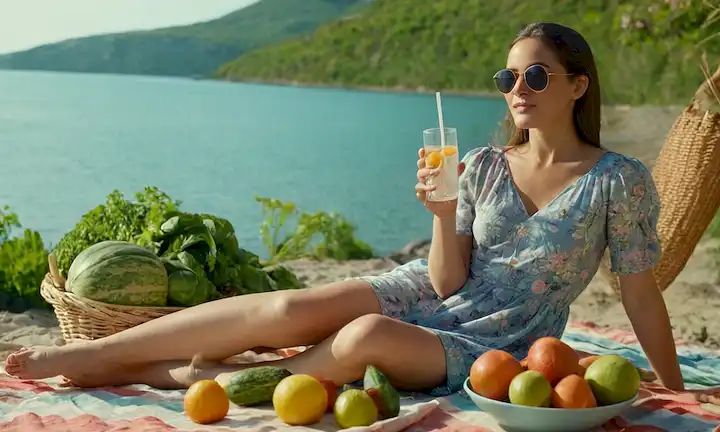 Una persona que se relaja en una playa con las piernas cruzadas, con un vestido fluido y gafas de sol, rodeada de frutas y verduras, sosteniendo un vaso de agua y un saltamontes, con un fondo sutil de un lago o océano, y algunos elementos naturales como hojas o flores
