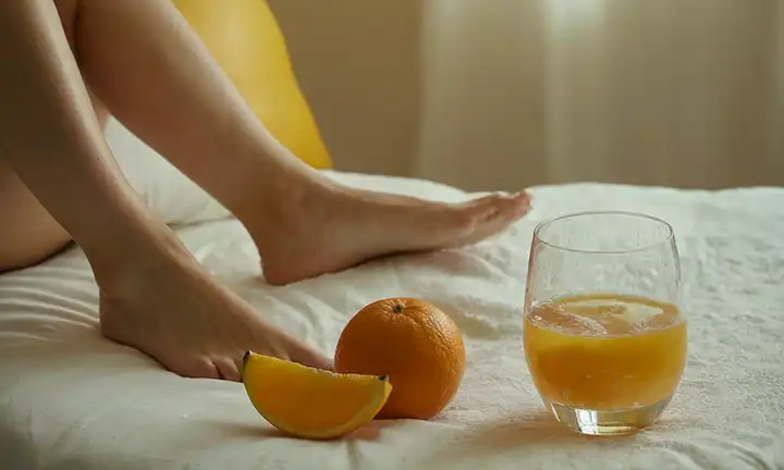 Un par de piernas con tobillos hinchados y pies rodeados de gotas de agua, un vaso de agua con un cubo de hielo cerca, una rodaja de plátano y una cuña naranja en una mesa, una persona acostada con las piernas probadas sobre almohadas, un fondo sutil que insinúa la humedad