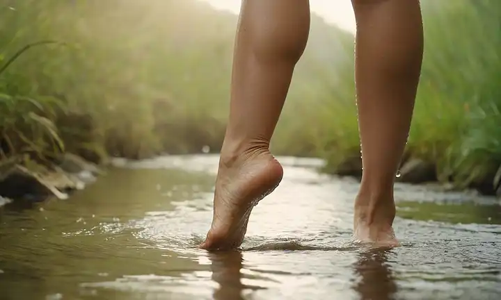 Las piernas con gotas de agua, tobillos hinchados y un brillo sutil alrededor del área afectada; un flujo suave que fluye del tobillo al pie; una bruma débil que rodea los pies; un fondo sereno con colores suaves