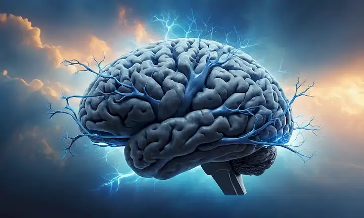 Cerebro con neuronas azules brillantes