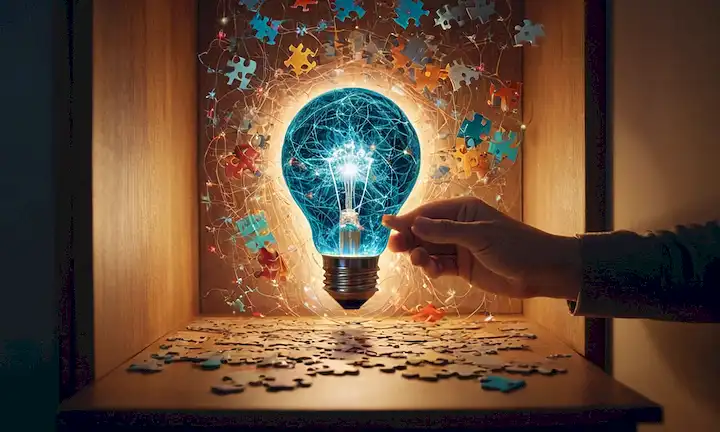 Células de cerebro con puertas abiertas al almacenamiento de memoria, una persona que sostiene una pieza de rompecabezas que encaja en su lugar, una ilustración de momento de luz, un mapa mental con conexiones coloridas, una persona enfocada en una zona de estudio, un cerebro rodeado de nubes de pensamiento giratorio, una brújula mental que guía el camino, una chispa creativa que brota hacia adelante