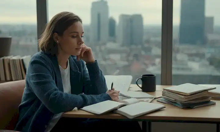 Una persona sentada cómodamente con una expresión reflexiva, rodeada de libros dispersos, notas y células cerebrales; un cuaderno espiral con un bolígrafo encima, una taza de café cerca; un fondo sutil de paisaje urbano o formas abstractas para transmitir claridad mental