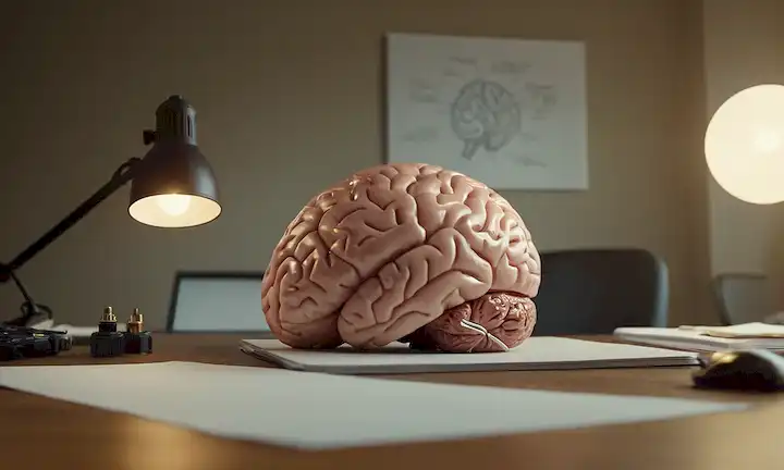 ilustración cerebral 3D con flechas que apuntan a la mente enfocada, algunas distracciones sutiles en el fondo, un escritorio tranquilo y organizado, una persona que se ve determinada, un momento ligero débil, diseño minimalista