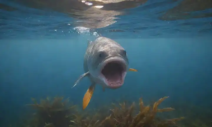 Pescado recién capturado con carne de naranja brillante, escamas brillantes y boca abierta, flotando en una superficie tranquila del océano azul rodeado de algas exuberantes, luz solar filtrando por encima