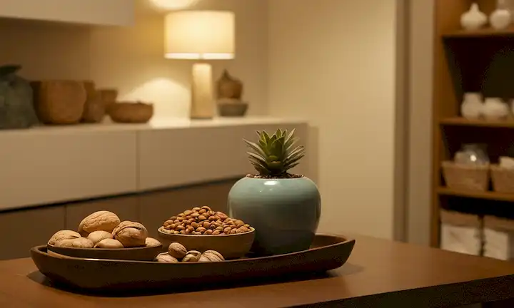 Una sala de estar tibia con unos cuantos cuencos de nuez dispuestos perfectamente sobre la mesa de café, una persona en el fondo clasificando a través de una cesta de artículos, un jarrón decorativo minimalista en el estante, un vistazo de una despensa bien organizada detrás de una puerta parcialmente abierta, iluminación suave iluminando la escena