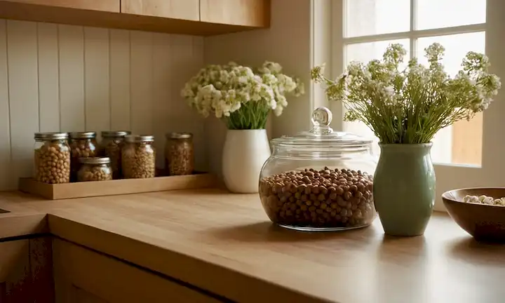 Una cocina teñida con un tazón grande lleno de avellanas en el centro, rodeada de latas y jarros bien apilados en un estante, una encimera limpia sin desorden, un frasco de vidrio que contiene flores frescas en una mesa cercana, suave luz de la mañana fluyendo a través de una ventana, tonos de madera caliente, sombras mínimas