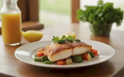 Un plato de bacalao crujiente y dorado con un lado de verduras de vapor