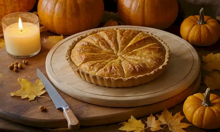 Calabaza de oro, tabla de corte de madera rústica, cuchillas de cuchillo dispersas, masa de pastel crudamente, corteza de tarta desolada, hojas de otoño, fondo iluminado por velas, luz de oro cálida, aroma acogedor